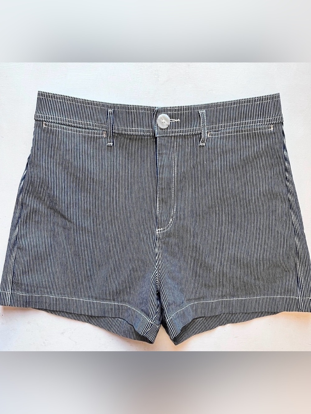 LOFT Navy and White Pinstripe High-Waist Shorts